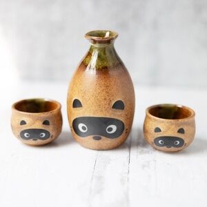 Vintage Japanese Miya Sake Set Two Cups Raccoon Brown Mino Ware Original Box